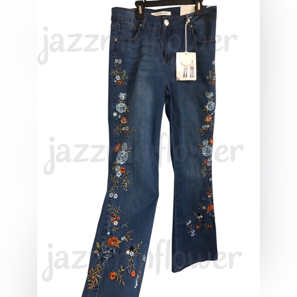 Colorful flowers boho Floral embroidered bootcut plus size jeans size 16‎ new - Picture 1 of 17